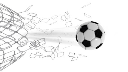 soccer ball breaking tearing nets isolated goal win white background - 3d rendring