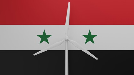 Large wind turbine in center with a background of the country flag of Syria