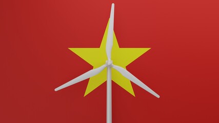 Large wind turbine in center with a background of the country flag of Vietnam