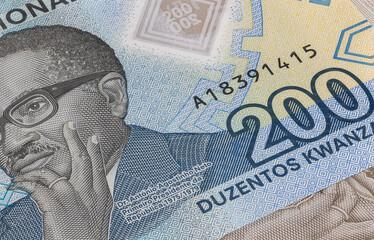 Close up to 200 Kwanza of the Republic of Angola. Polymer banknotes of the African country....