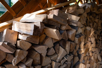 prepared firewood for the winter, folded under a wooden shed