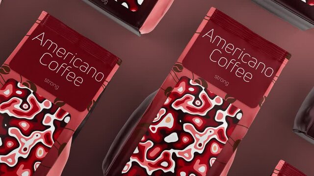 Animation of coffee packaging design. Motion. Modern bright design of American coffee packaging in animation. Advertising animation of coffee in packed bag