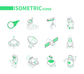 Space exploration - line colorful isometric icons set