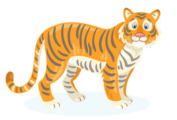 Large adult tiger. In cartoon style. Isolated on white background. Vector flat illustration.