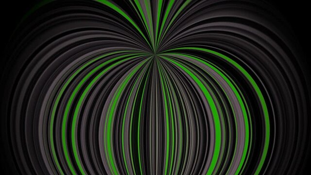 Shimmering pattern of lines. Green and gray stripes. Spherical abstract animation. Fish-eye lens distortion.