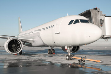 Passenger airplane with towbar at the jet bridge