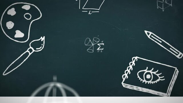 Animation of mathematical equations and school icons on black background