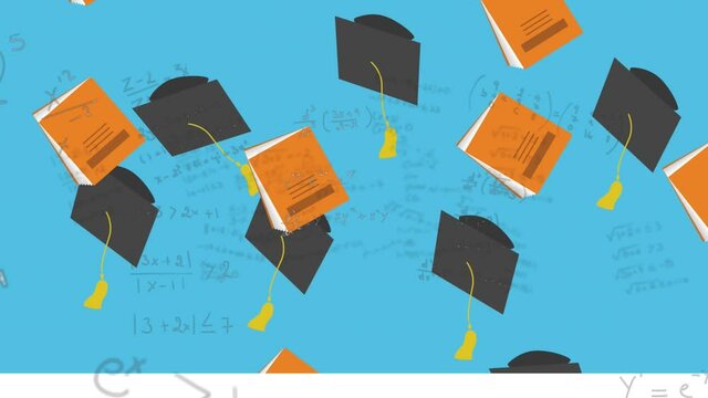 Animation of mathematical equations and graduation hats on blue background