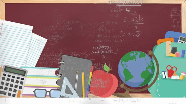 Animation of mathematical equations and school icons with blackboard