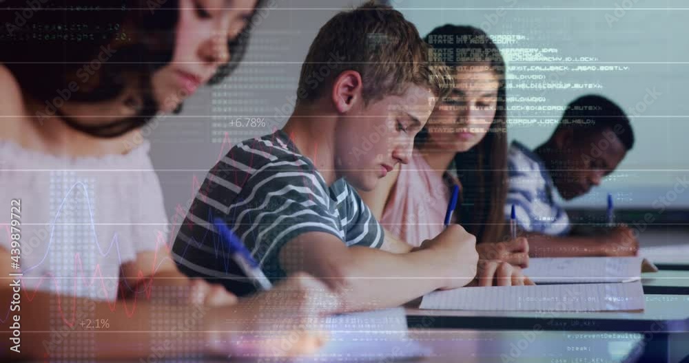 Poster animation of data processing over students in classroom