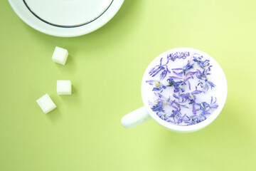White cup with milk and blue flower petals , saucer and a sugar cube isolated on green background. Top view