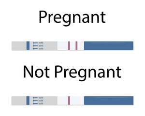 Set of different pregnancy tests, with one and two stripes positive, negative.