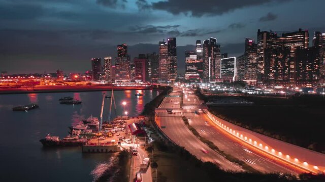 4K Singapore MCE Highway Night Hyper Lapse toward CBD City Skyline