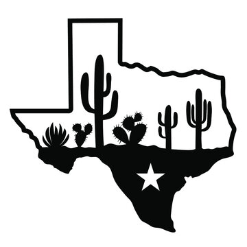 recommend clip art: Texas map silhouette and cactuses desert black silhouette. Vector illustration of Texas map silhouette isolated on white for design. Texas sign symb