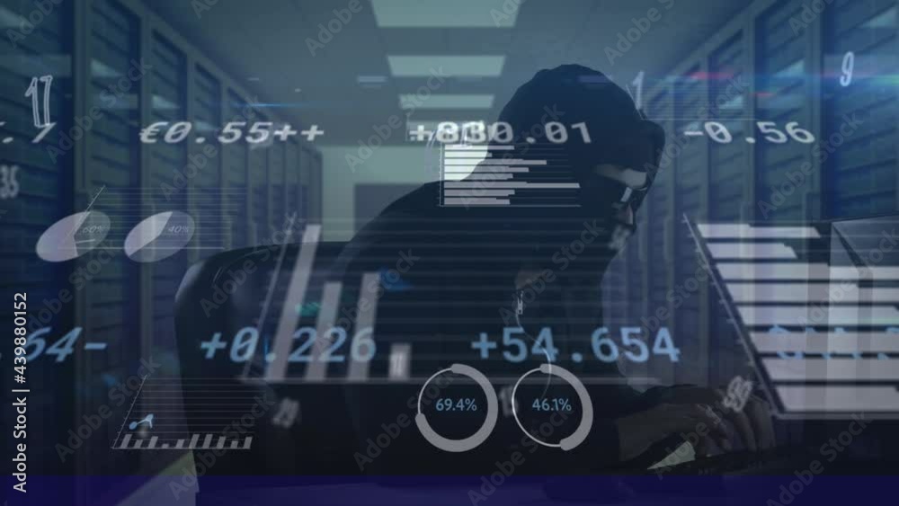 Poster animation of financial data processing over hacker using computer