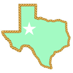 Texas map with lasso rope frame with symbol star isolated on white for design. Texas color sign symbol