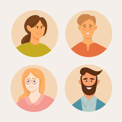 Set of 4 icons with faces of different people. Different hairstyles and hair color, skin color, clothing style. Men and women. Isolated vector objects. 
