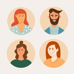 Set of 4 icons with faces of different people. Different hairstyles and hair color, skin color, clothing style. Men and women. Isolated vector objects. 