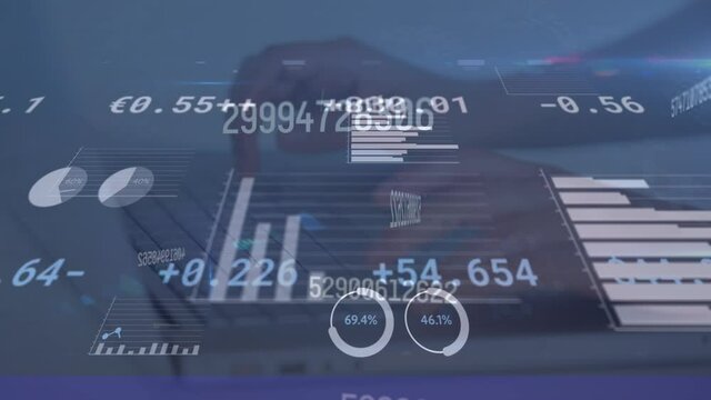 Animation of financial data processing over person using computer