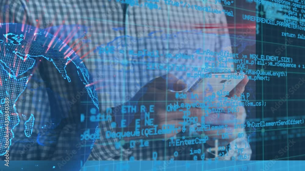 Poster animation of globe network of connections and data processing over businessman using smartphone