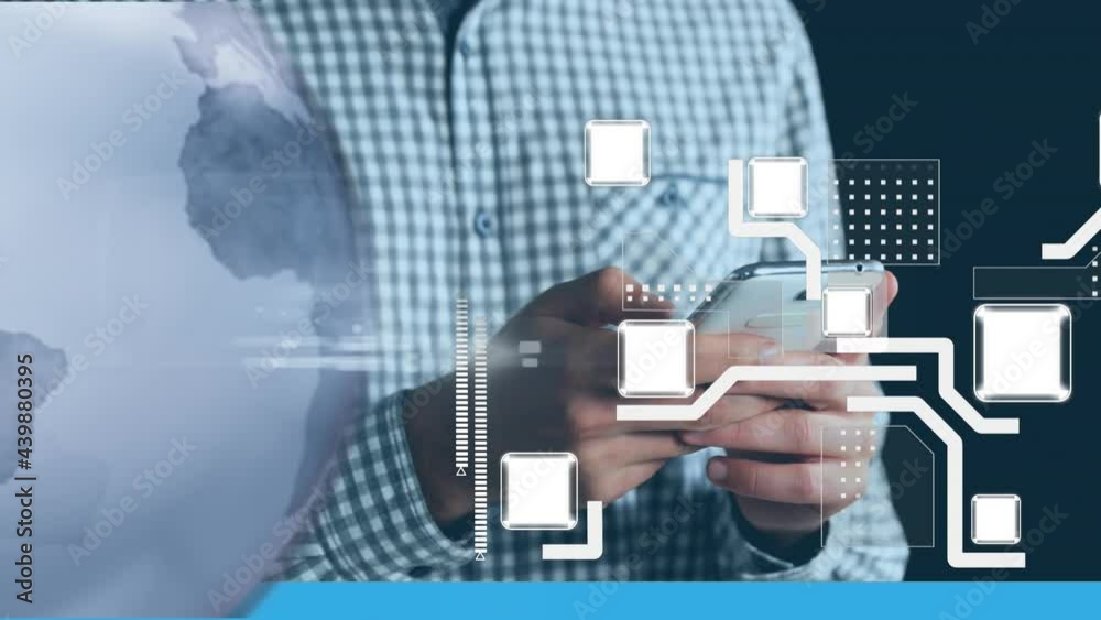 Poster animation of globe network of connections and data processing over businessman using smartphone