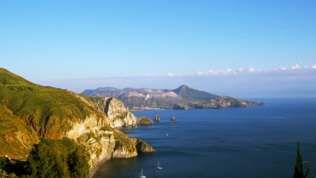 The Island of Vulcano seen from Lipari, Aeolian islands, Sicily, Italy, Real Time, 4k
