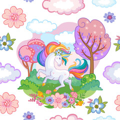 Seamless vector pattern with dreaming unicorn and forest