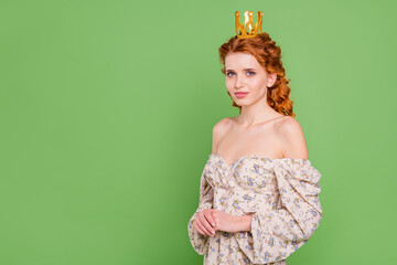 Photo of young charming calm sweet woman wear crown princess royal isolated on green color background