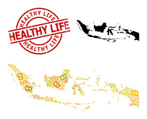 Distress Healthy Life stamp seal, and finance collage map of Indonesia. Red round stamp seal includes Healthy Life title inside circle. Map of Indonesia collage is formed of currency, funding,