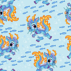 Fototapeta na wymiar Seamless vector pattern cute cartoon water dragon and fishes