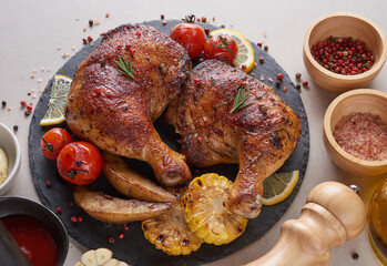 Grilled chicken legs in barbecue sauce and roasted vegetables with tomatoes, potatoes, pepper seeds, salt in black stone plate on black stone table. Top view, copy space. Tasty snack . Flat lay..