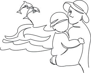 mom with baby on the background of the sea and dolphins