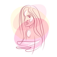 Portrait of a beautiful girl on a flat background. Simple linear drawing isolated on a white background.