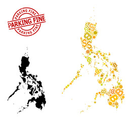 Textured Parking Fine seal, and finance mosaic map of Philippines. Red round stamp contains Parking Fine text inside circle. Map of Philippines mosaic is formed with finance, dollar, BTC yellow items.