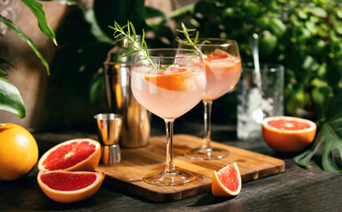 Pink grapefruit and rosemary gin cocktail is served in a prepared gin glasses - obrazy, fototapety, plakaty