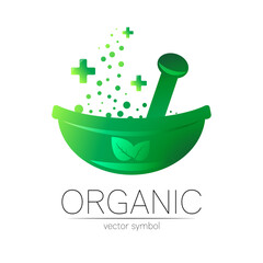 Green herbal bowl vector logotype with few cross. Concept symbol for medical, clinic, pharmacy business or shop. Nature design with leaf element. Creative ECO label or logo. Traditional herbal therapy - 439881973