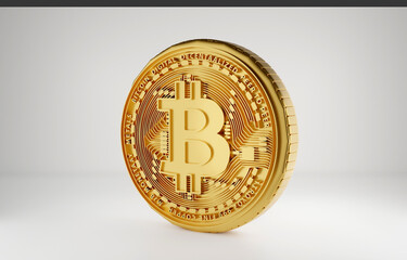 Golden bitcoin digital currency with copy space. futuristic digital money 3d on white background with reflection