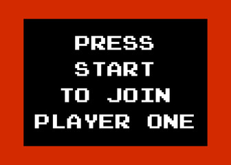 A message on a computer screen: press start to join player one. 8-bit retro font, white text inside a black box, red background.
 - obrazy, fototapety, plakaty