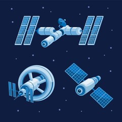 space station and satellite orbit in galaxy collection set concept in cartoon illustration vector