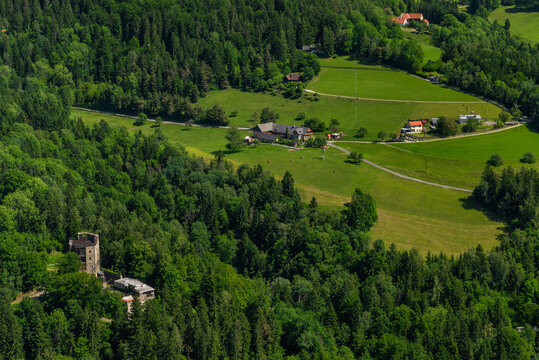 Schockl hill and Ehrenfels castle near Sankt Radegund town in summer morning