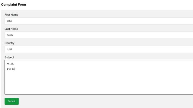 Entering Complaint in Complaint Form in Online Box. Complaining to Company or Person by Typing on Website. Type Letters. Viewpoint of Monitor Screen.