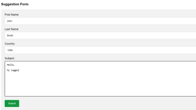 Entering Suggestion in Suggestion Form in Online Box. Suggesting Idea to Company or Person by Typing on Website. Type Letters. Viewpoint of Monitor Screen.
