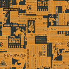 Abstract seamless pattern with collage of newspaper clippings. Monochrome vector background with illegible text, titles and illustrations. Wallpaper, wrapping paper, fabric in orange and black colors