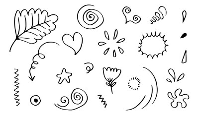 Hand drawn set elements, black on white background. Arrow, heart, love, star, leaf, light,circle,  flower, Swishes, swoops, emphasis ,swirl, heart, for concept design.