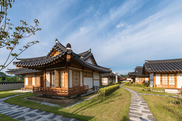 Architecture traditional oriental wooden house with blue sky on sunny day at Ojuk Hanok Village