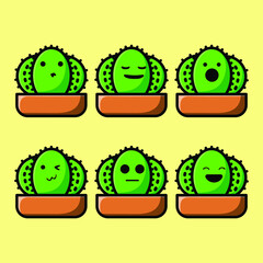 Set Vector cartoon illustrations of green cactus with emotions. Funny emotions character collection for kids. Fantasy characters. 