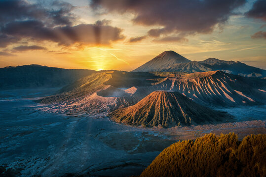 Mount Bromo volcano (Gunung Bromo) at sunrise with colorful sky background in Bromo Tengger Semeru National Park, East Java, Indonesia.