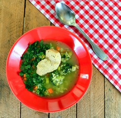 Green soup with broccoli, pore, carrot, parsley, green bean and rabbit meat in a red bowl on wooden background.