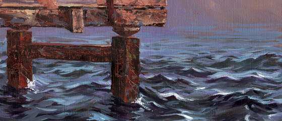 oil painted illustration of an old rusty pier, rough sea