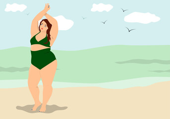 Body positive, freedom, high self esteem concept. Overweight woman celebrating raising hands to the sky on summer beach.